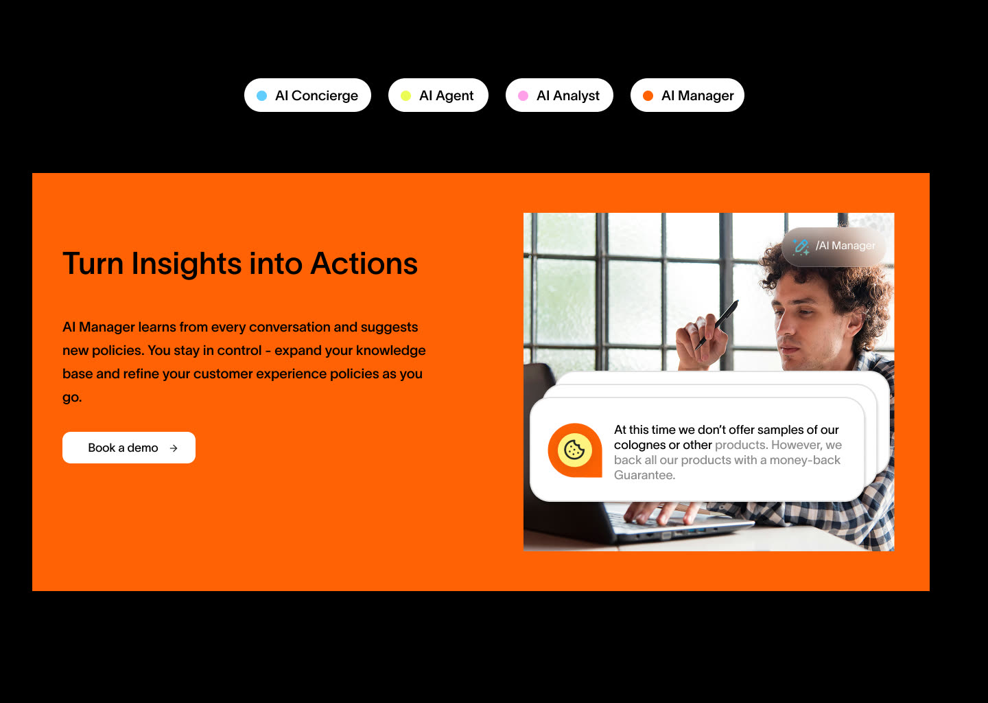 AI Manager feature block: turn insights into actions